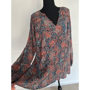 Fat Face Floral Print viscose Tunic Top Long Sleeve V Neck Casual Blouse Size 14